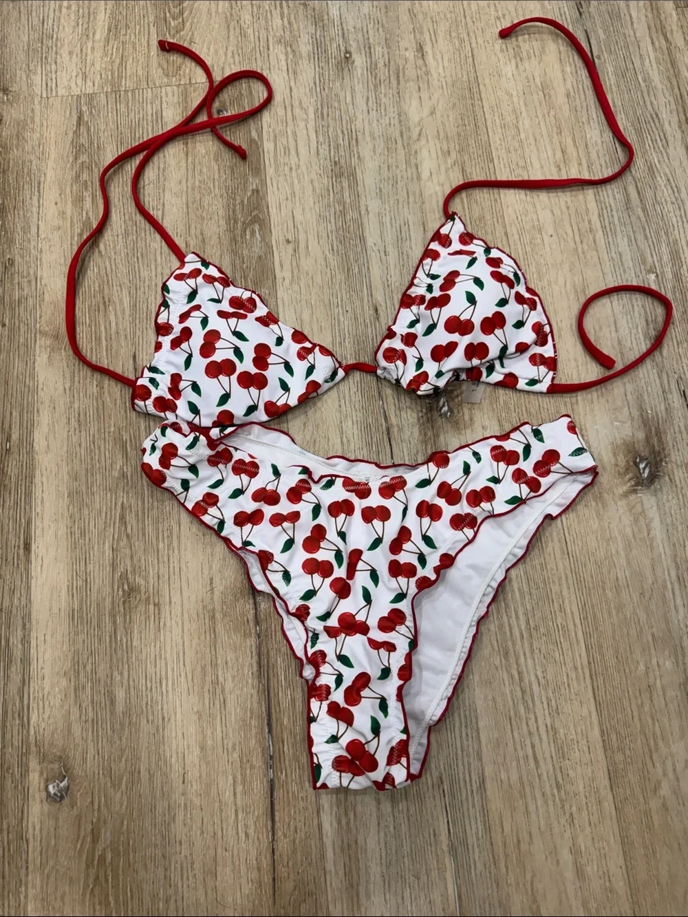 SHEIN White Cherry Ruffle Tie-Side Bikini